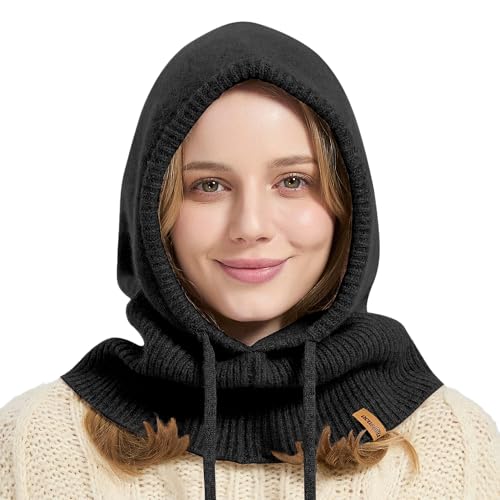 ACUSHLA 100% Merino Wool Balaclava for Women & Men Winter Warm Knit Hooded Scarf Hoodie Hat and Scarf Set in One, Black