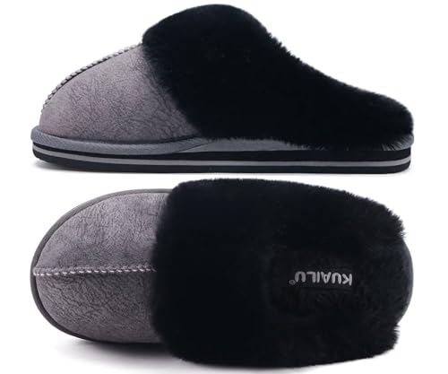 Image of KuaiLu Womens Cozy Memory Foam Slippers Ladies Fuzzy Faux Fur Lined Warm Arch Support House Shoes Slip on Comfy Winter Scuff Indoor Outdoor Rubber Hard Sole
