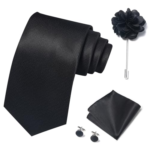 Image of Solid Color Ties Set Men Handkerchief Cufflinks Brooch 3.15 inches Classic Formal Necktie Pocket Square Set