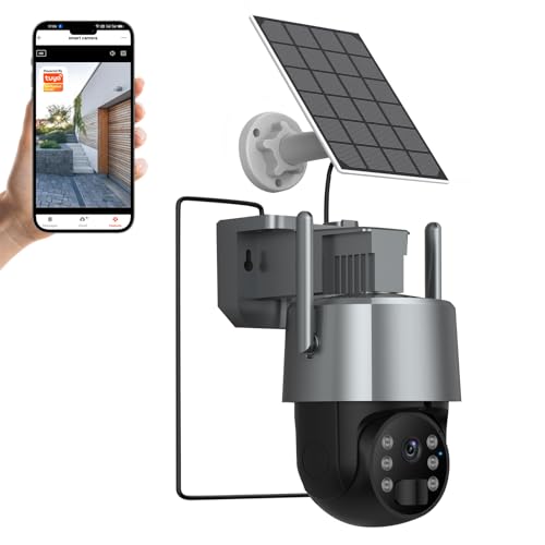2K 3MP Tuya Solar Security Camera Wireless Outdoor WiFi Camera w/ 360 PTZ IP65 Battery Powered Surveillance Home Cam w/ Color Night Vision PIR Sensor 2-Way Audio SD/Cloud Storage App Alerts