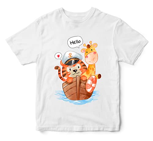 Image of Boys & Girls Tiger & Giraffe Animals Nautical Sea Theme 100% Cotton Unisex Kids T-Shirt