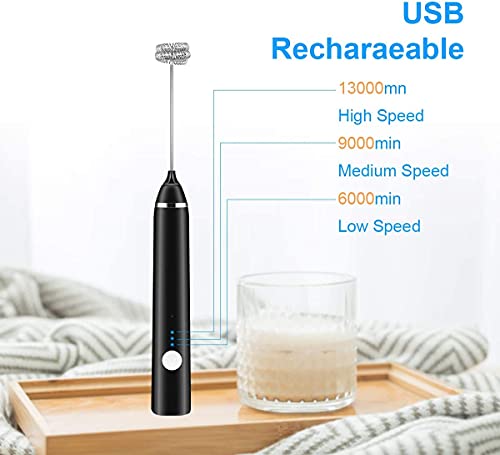 Rechargeable Milk Frother Handheld Electric Foam Maker With Stainless Whisk 3 Speed For Bulletproof Coffee Latte Cappuccino Hot Chocolate Black Extra 16 Pcs Art Stencils #TOP7
