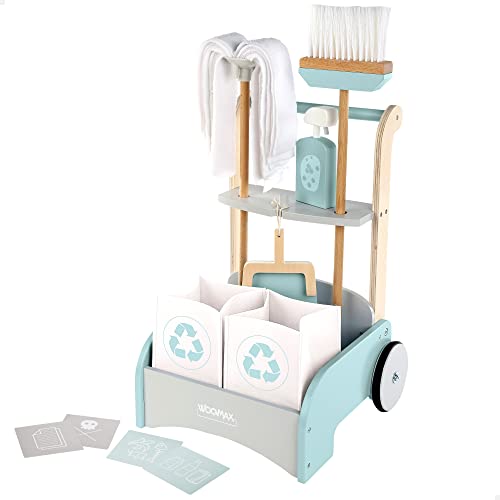 WOOMAX - Carro de Limpieza de Juguete, Carrito Madera, fregona Escoba y recogedor, Carrito de Limpieza Infantil, Juguetes de hogar, Juguetes de Madera, 10 Piezas, 3 años