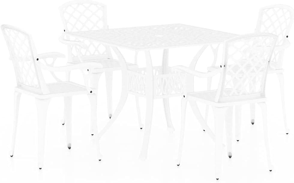 vidaXL White Patio Bistro Set, Cast Aluminum, Weather-Resistant, Elegant Outdoor Furniture, Includes 4 Chairs, Coffee Table with Umbrella Hole, Assembly Required