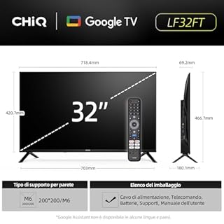 CHiQ LF32FT Smart TV 32 pollici (81 cm), Full HD, HDR10, Google TV OS, Dolby Audio & dbx-tv, Tuner Triplo, Chromecast Incorporato, Design Metallico Senza Cornice