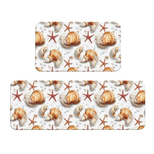 GVYGVY Antifatigue Kitchen Mats for Floor 2 Piece - Cute Starfish Conch Print Kitchen Rugs Washable, Non Slip Runner Rug Standing Mat for Office/Bathroom/Laundry/Home Decor and Accessories