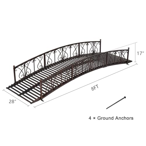 kinbor Garden Bridge – 8 FT Metal Arched Bridges with Safety Patterned Side Rails, Pond Bridge for Backyard, Creek, Lawn, Steel Decorative Footbridge Garden Bridges for Outdoors, Dark Blonde