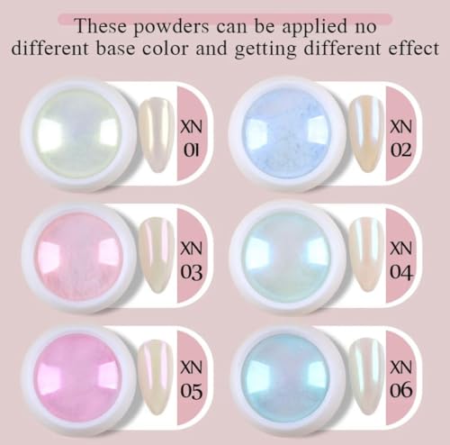 Image of Bolt BEE Chrome Nail Powder 6 Colors White Pearl Chrome Nail Powder Set with Stick | Holographic Metallic Aurora Glitter,Ice Transparent Effect for Gel Polish Mermaid Pearl Aurora Dust Nail Powder