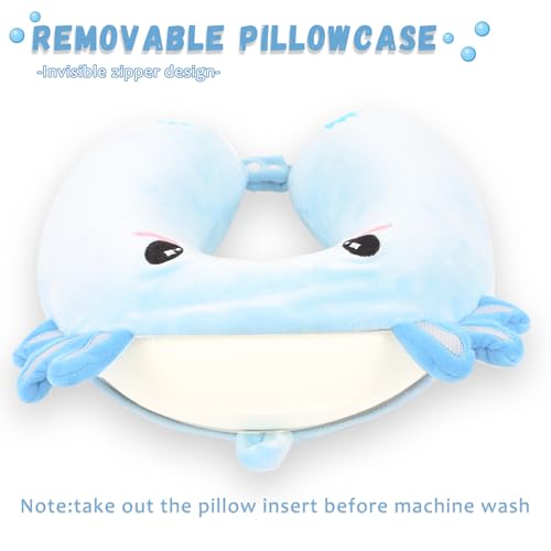 Image of Travel Pillow, Kids Travel Pillow with Sleep Eye Mask Soft Memory Foam Kids Neck Pillow for Boys & Girls, Travel Accessories for Car Airplane Traveling - Blue Axolotl
