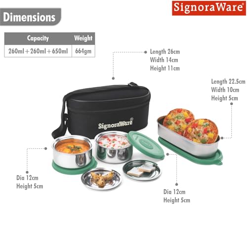 Image of Signoraware Double Decker Stainless Steel Lunch Box | Airtight & Leakproof | Ideal for Office & School Meals | Great for Travelling & Outdoors (260ml + 260ml + 650ml | Egreen)