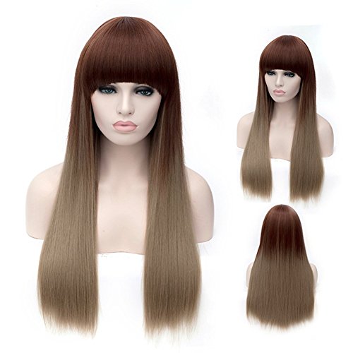 TopWigy 31.5" 80CM Girl's Replacement Wig Natural Black Long Straight Costume Daily Hair Wigs With Bangs With Wig Cap (Brown To Bonde)