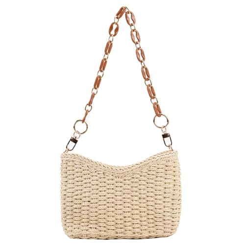 Straw Purse for Women with Chain Summer Beach Bag Zipper Woven Shoulder Bag Large Capacity Clutch Purse for Travel V