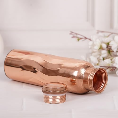 FURNISHFUL FINESSE Pure Copper Water Bottle with Carry Bags Antique Coppers Bottles for Gym Office, Yoga, meditation hiking, Ayurvedic Vessels -1000 ml (Pack of 1, Natural Copper Bottle)