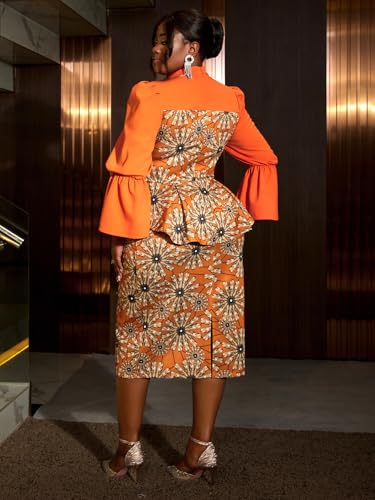 AOMEI Women's Vintage Floral Printed High Neck Midi Work Dress Hide Tummy Long Bell Sleeve Office Business Bodycon Dresses3