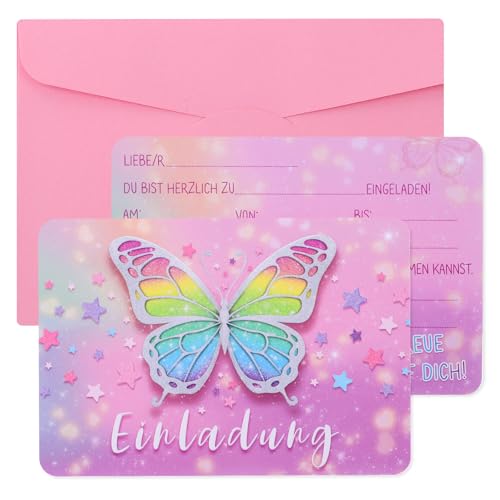 woric 12 Stück Einladungskarten Kindergeburtstag, 15 x 10,5 cm Einladungskarten Schmetterlingen mit 12 Umschläge Geburtstagseinladungen Kinder Partyeinladungen für Mädchen Jungen