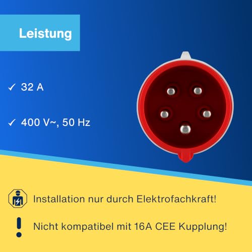 REV CEE-Stecker, 400V, 32A, 5-polig, 3Ph+N+PE, wasserdicht IP44, rot – Ansicht 5
