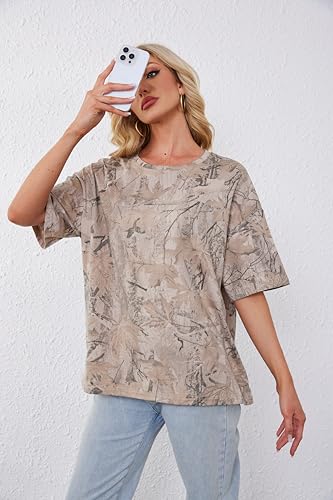 Image of Womens Camo Shirt Oversized Maple Leaf Short Sleeve T Shirts Tops