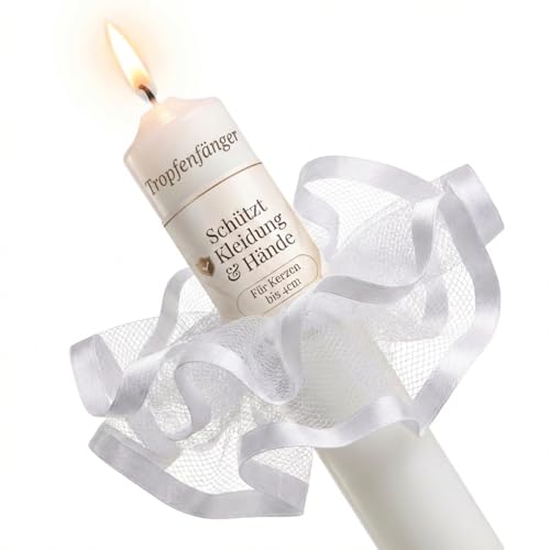 ELBKAISER - Tropfschutz für Kommunionkerze & Taufkerze – Festliche Kerzenmanschette aus Tüll mit edlem Rand – Weißer Wachsschutz, passend für Ø 2-4 cm Kerzen, Handarbeit