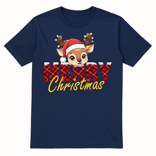 PB TECH Christmas T-Shirt with Cute Reindeer in Santa Hat & Merry Christmas Text, Family Matching Merry Christmas Printed T-Shirt for Men and Women Unisex (UK, Alpha, 3XL, Regular, Regular, Navy blue)