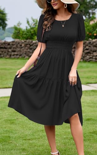 Image of Kormei Women Summer Casual Boho Floral Round Neck Short Sleeve Smocked Waist Tiered Flowy Swing Midi Dress