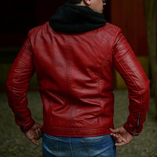 Image of Jild Hooded 2.0 Leather Jacket Men - Genuine Lambskin Leather Bomber Jacket with Removable Hood for Mens Fashion
