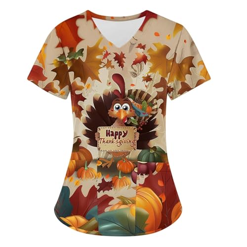 Christmas Scrubs for Women Thanksgiving Printed Scrub Tops V Neck Short Sleeve Medical Uniforms with Pockets 01-Beige L
