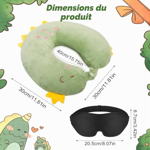 Coussin De Voyage Vert pour Enfants avec Masque De Sommeil Dinosaure – vue 2