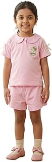 SaLtY PuMPkIN Baby Girls Pink Summer Outfit Set – Cute Short Sleeve Peter Pan Collar Top with Cartoon Cat Embroidery & Bow Price In India