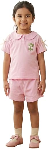 SaLtY PuMPkIN Baby Girls Pink Summer Outfit Set – Cute Short Sleeve Peter Pan Collar Top with Cartoon Cat Embroidery &amp; Bow...