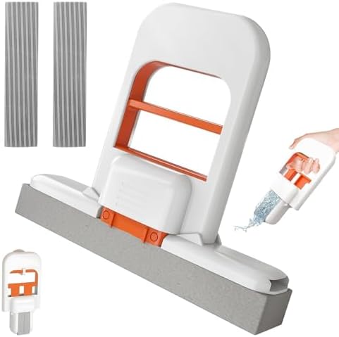 Mini Foldable Desktop Mop，Portable Self-Squeeze Mini Mop,Dual-Use for Wet and Dry,One-Hand Squeeze Handle & Replaceable Head for Bathroom, Kitchen, Desktop, Glass, Living Room (White)