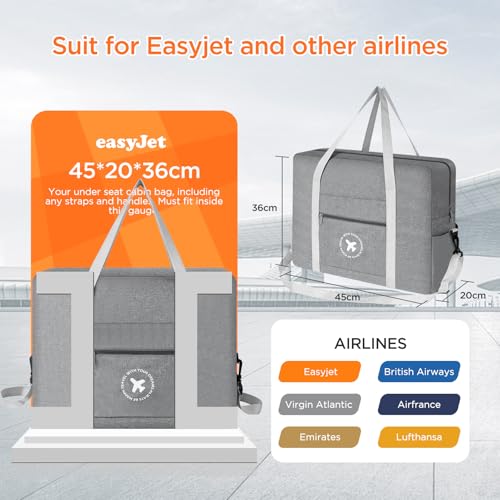 AiQInu Reisetasche Handgepäck 45x36x20cm, Handgepäck Tasche für Easyjet Cabin Bag, Faltbare Handgepäck Tasche für Herren und Damen mit Schultergurt (Grau)