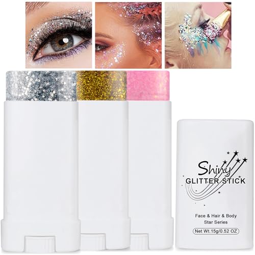 3 peças de bastão de glitter corporal, gel de glitter facial de sereia à prova d'água, lantejoulas