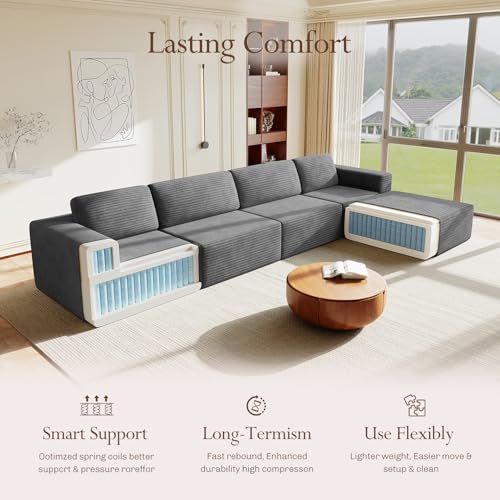 Image of Vesgantti 159 inch Large Modular Sectional Sofa, L-Shaped Corduroy Cloud Couch with Deep Seats & Spring Support, 4-Seater Boneless Sofa with Movable Ottoman, No Assembly Needed, Grey