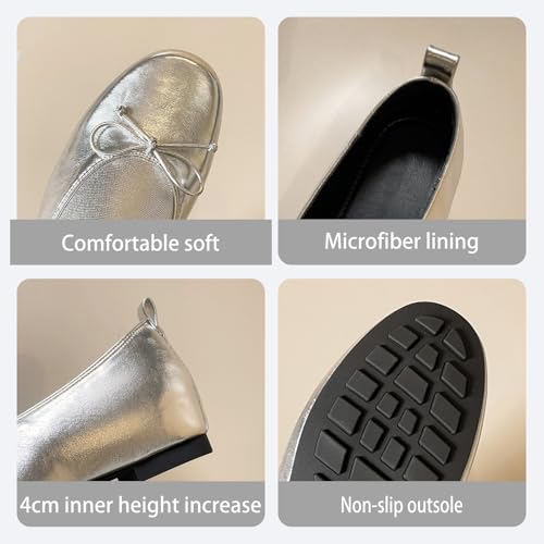 Women's Leather Bow Closed Round Toe Flats Elegant Elastic Slip On Comfortable Soft Sole Inner Heighten Dress Ballerina Flats Work Office Causal Non-Slip Walking Shoes2