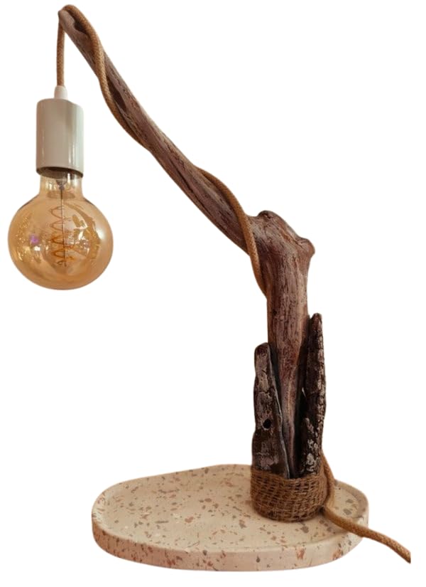 Lampe à poser en bois flotté cérusé blanc avec socle terrazzo ciment Sud de France