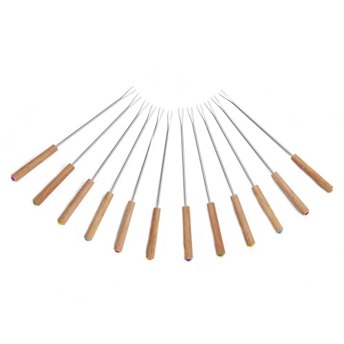 LifgWas 12pcs Fourchettes à Fondue en Acier Inoxydable avec Manche en Bois, 24 cm de Long, Pour Fondue au Fromage, Chocolat, Brochettes de Marshmallows au Feu de Bois...