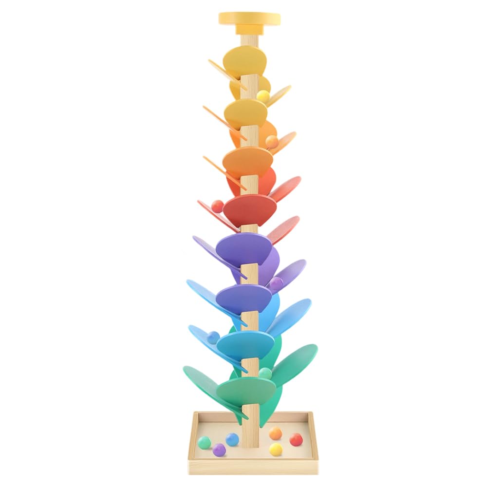 Arbre Sonore, Jouet Montessori en Bois avec Bille de Course, Circuit Billes Arc-en-Ciel 1 Base, 12 Billes, 6 Couleurs de 3 Ans pour Garçons/Filles