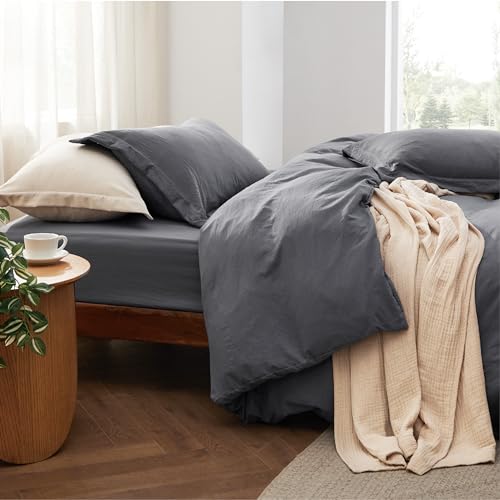Image of Bedsure California King Size Duvet Cover with Fitted Sheet - 4 Pieces Prewashed Polyester Extra Soft Bedding Set, Includes 1 Duvet Cover 104x98 Inches, 2 Pillow Shams, 1 Fitted Sheet, Dark Grey