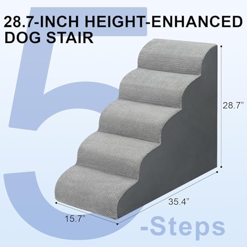 Hundetreppe für Bett, 72 cm hoch, 5-stufige Hunderampe, rutschfest, stabile Haustiertreppe für kleine Hunde und Katzen, um auf Hochbett oder Couch zu steigen, Grau