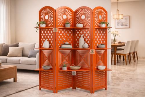 Image of Wooden Room Divider 6 Feet, 4-Panel Folding Wooden Partition for Living Room, Office, Pooja Room, Restaurant, Kitchen & Balcony (2W x 1.82H Meters). (Orange)