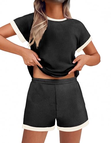 Image of Ekouaer Two Piece Sets for Women Summer Striped Lounge Set Vacation Outfit | Casual Cute Waffle Knit Tops Shorts Sets with Pocket for Travel, Jogging, Cruise, Beach, Airport