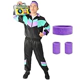 Aomig 90er Jahre Kostüm Erwachsene 5Pcs Retro Trainingsanzug Unisex Disco Ganzkörperanzug Partner Outfit Jacke Hose Armband und Stirnband 80er Party Bad Taste für Mottoparty Karneval (Schwarz-Grün-M)