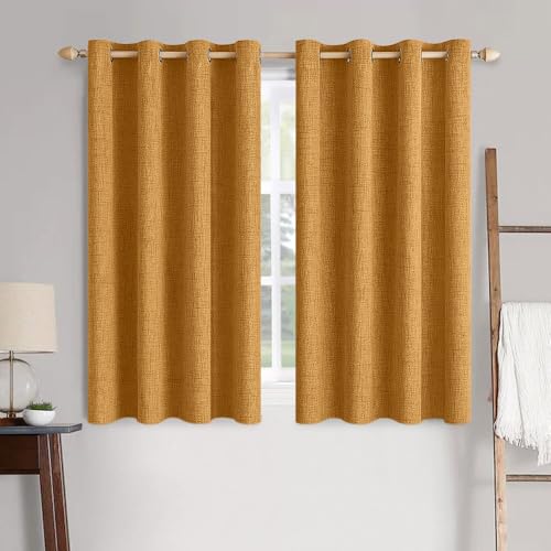Image of MIULEE 100% Blackout Linen Textured Curtains for Bedroom Solid Thermal Insulated Mustard Yellow Grommet Room Darkening Curtains & Drapes Luxury Decor for Living Room 52 x 54 Inch (2 Panels)