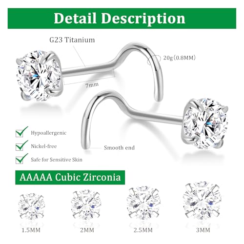 8PCS G23 Titanium Nose Rings Studs - 20G Nose Screw Studs Silver Diamond Cubic Zirconia Corkscrew Rings Hypoallergenic Piercing Jewerly for Women Men 1.5mm 2mm 2.5mm 3mm2
