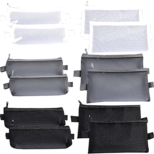 HappyDaily 12 Pieces Mesh Cosmatic bag Mesh Zipper Pouch Travel Makeup Organizer Pencil Bag (White/Grey/Black), 6pcs Medium+6pcs Small