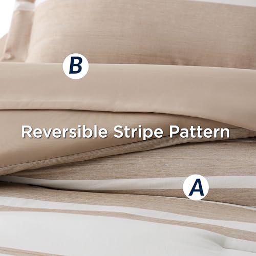 Image of Bedsure Queen Comforter Set 7 Pieces, Light Camel Striped Bedding Set for All Seasons, Reversible, Cationic Dyeing Bed in a Bag with Comforter, Sheets, Pillowcases & Shams