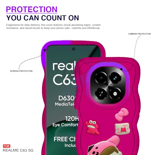 Image of AESTMO Back Case Cover for Realme C63 5G | 3D Cute Fun Cartoon Characters | Anti Slip Grip Cute Wave Curly Frame Shape | Full Body Protection Back Cover for Realme C63 5G (Pink)