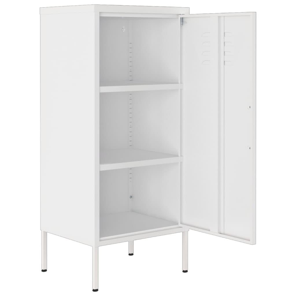 Armario de almacenamiento blanco de acero 42,5 x 35 x 101,5 cm con 2 estantes ajustables en altura y niveladores, armario multiusos para oficina, salón, pasillo, garaje, taller, espacio de
