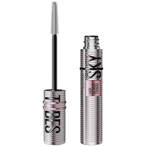 Mascara Sky Tubes de Maybelline New York, mascara gainant allongeant à effet extension, convient aux yeux sensibles, enrichi en beurre de karité et en huile de ricin, tenue 24 heures, noir intense, cils sensationnels, 7 ml