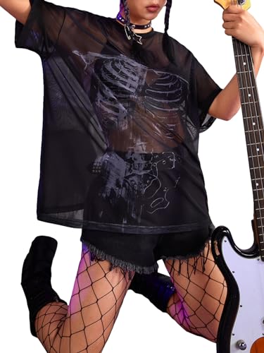 Floerns Women's Short Sleeve Skeleton See Through Sheer Mesh Tee Shirt Blouse Rave Tops4